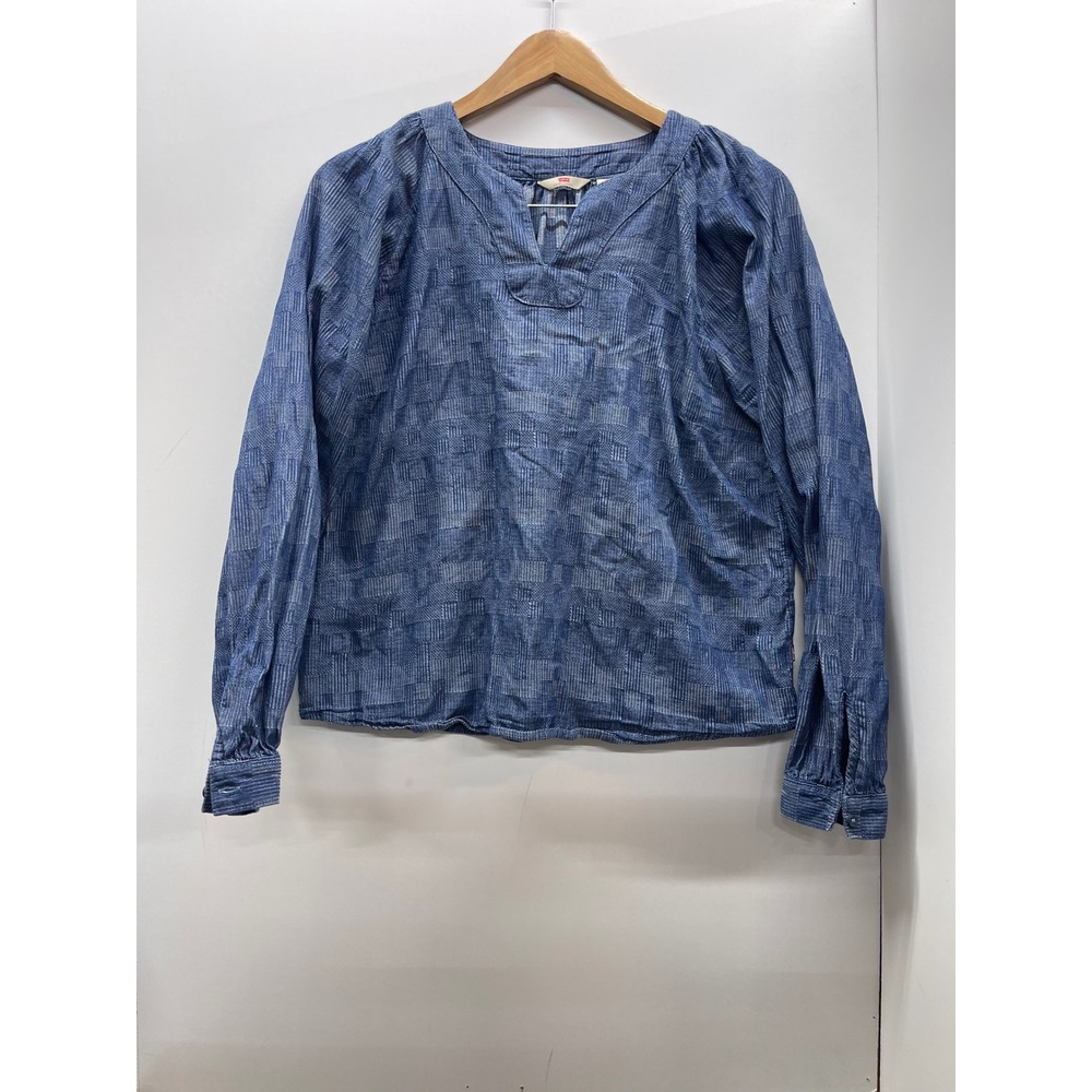Levis Womens Blue Geometric Woven Long Sleeve Split V-Neck Blouse Top